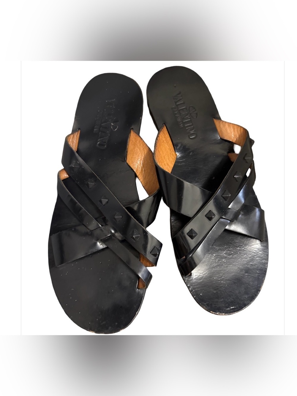 Valentino Black Patent Leather Cross-Strap Slide Sandals